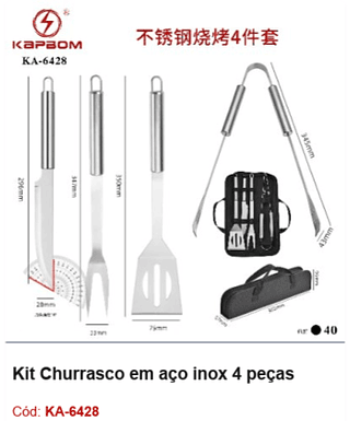 Kit Churrasco em aço inox 4 peças R$ 28,8 PCS/CX: 40
