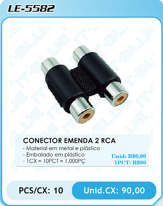 CONECTOR EMENDA 2 RCA PCS/CX: 10 Unid.CX: 90,00