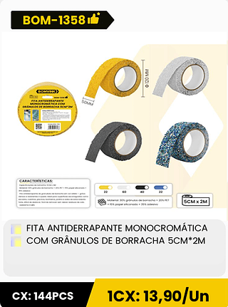 FITA ANTIDERRAPANTE MONOCROMÁTICA COM GRANULOS DE BORRACHA 5CM*2M CX: 144PCS 1CX: 13,90/Un