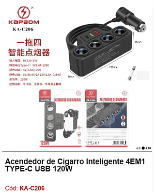 Acendedor de Cigarro Inteligente 4EM1 TYPE-C USB 120W R$ 18,9 PCS/CX: 120