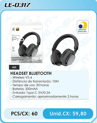 HEADSET BLUETOOTH - Wireless V5.4 - Distância de transmissao: 10M - Tempo de uso: 30 horas - Bateria: 300mAh - Entrada: Type-C 5V/0.3A - Carregamento: aproximadamente 2 horas PCS/CX: 60 Unid.CX: 59,80