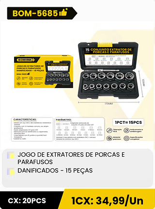 JOGO DE EXTRATORES DE PORCAS E PARAFUSOS DANIFICADOS - 15 PEÇAS CX: 20PCS 1CX: 34,99/Un