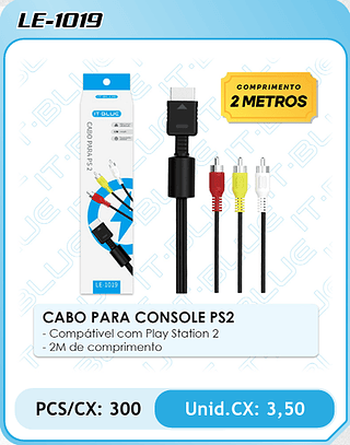 CABO PARA CONSOLE PS2 - Compátivel com Play Station 2 - 2M de comprimento PCS/CX: 300 Unid.CX: 3,50