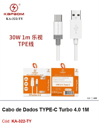 Cabo de Dados TYPE-C Turbo 4.0 1M R$ 3,42 Pcs/cx:400