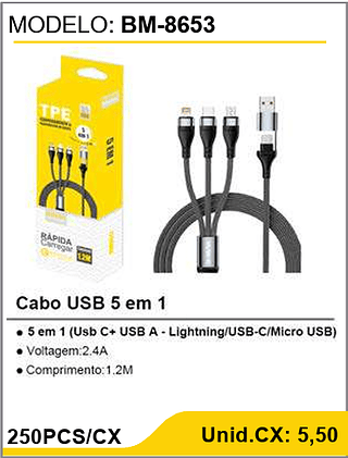Cabo USB 5 em 1 250PCS/CX Unid.CX: 5,50