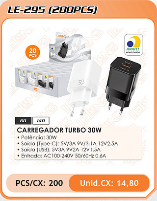CARREGADOR TURBO 30W 200PÇ=14,8$