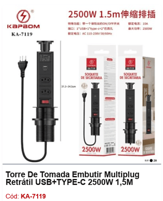 Torre De Tomada Embutir Multiplug Retrátil USB+TYPE-C 2500W 1,5M R$ 72 PCS/CX: 20