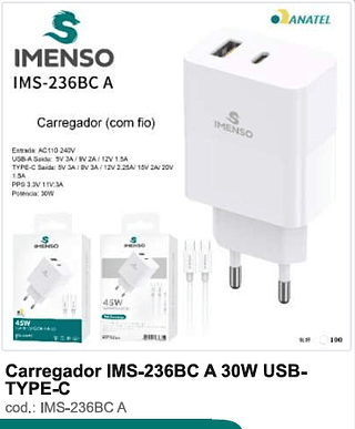 Carregador 30W USB- TYPE-C 100PC/CX R$23,4