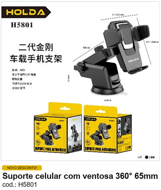 Suporte celular com ventosa 360° 65mm R$ 9 PC/CX:100