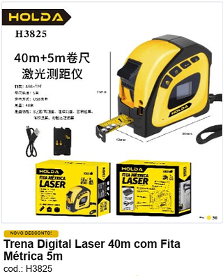 Trena Digital Laser 40m com Fita Métrica 5m R$ 99 PC/CX:50