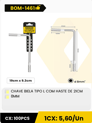 CHAVE BIELA TIPO L COM HASTE DE 21CM 8MM CX: 100PCS 1CX: 5,60/Un