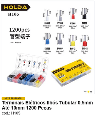 Terminais Elétricos Ilhós Tubular 0,5mm Até 10mm 1200 Peças R$ 16,2 PC/CX:40