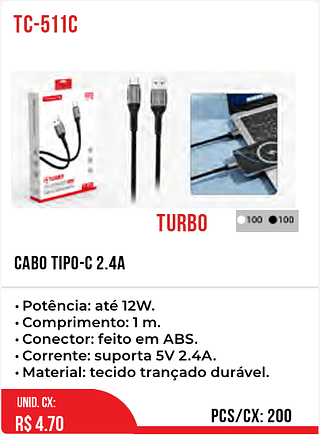 CABO TIPO-C 2.4A 200pç=4,7$