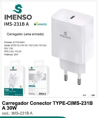 Carregador Conector TYPE-C 30W 100PC/CX R$18