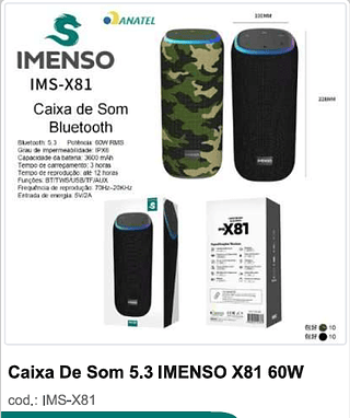 Caixa De Som 5.3 IMENSO X81 60W R$ 135 PC/CX10