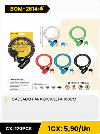 CADEADO PARA BICICLETA 100CM CX: 120PCS 1CX: 5,90/Un