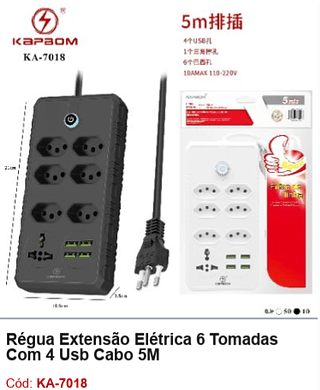 Régua Extensão Elétrica 6 Tomadas Com 4 Usb Cabo 5M R$ 36 PCS/CX:60