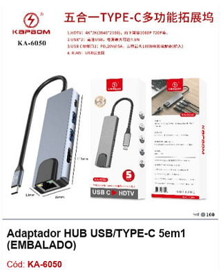 Adaptador HUB USB/TYPE-C 5em1 R$ 27 PCS/Cx:100