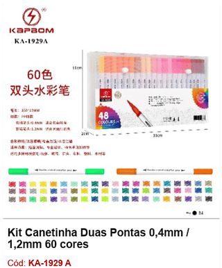 Kit Canetinha Duas Pontas 0,4mm / 1,2mm 60 cores R$ 18 PCS/CX: 24