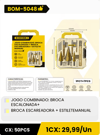 JOGO COMBINADO: BROCA ESCALONADA+ BROCA ESCAREADORA + ESTILETEMANUAL CX: 50PCS 1CX: 29,99/Un
