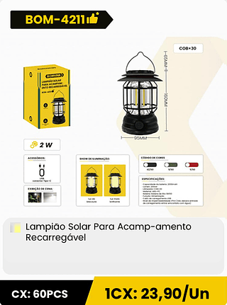 Lampiao Solar Para Acamp-amento Recarregável CX: 60PCS 1CX: 23,90/Un
