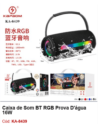 Caixa de Som BT RGB Prova D'água 16W R$63 PCS/CX:40