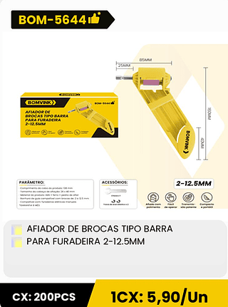 AFIADOR DE BROCAS TIPO BARRA PARA FURADEIRA 2-12.5MM CX: 200PCS 1CX: 5,90/Un