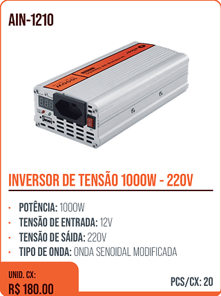 INVERSOR DE TENSÃO 1000W - 220V UNID. CX: R$ 180.00 PCS/CX: 20
