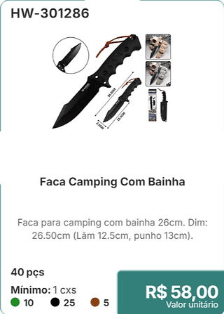 Faca Camping Com Bainha 40 pçs R$ 58.00