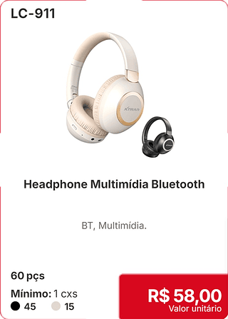 Headphone Multimídia Bluetooth 60 pçs R$ 58.00