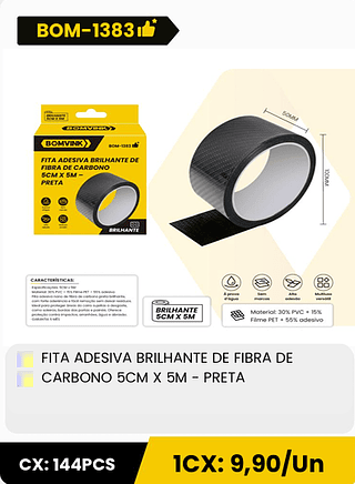 FITA ADESIVA BRILHANTE DE FIBRA DE CARBONO 5CM X 5M - PRETA CX: 144PCS 1CX: 9,90/Un