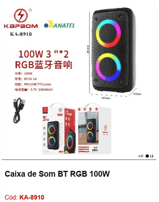Caixa de Som BT RGB 100W R$99 PCS/CX:12