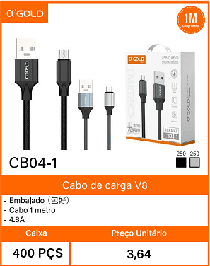 Cabo de carga V8 Caixa 400 PCS Preco Unitario 3,64