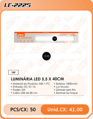 LUMINÁRIA LED 5,5 X 40CM 50PÇ=42$
