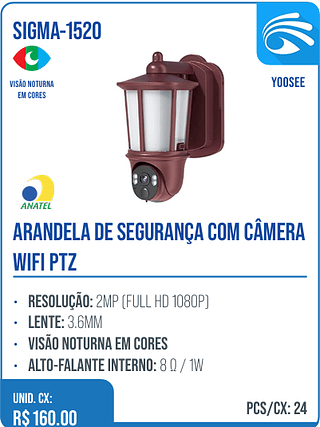 ARANDELA DE SEGURANÇA COM CÂMERA WIFI PTZ UNID. CX: R$ 160.00 PCS/CX: 24