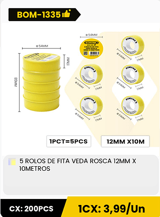 5 ROLOS DE FITA VEDA ROSCA 12MM X 10METROS CX: 200PCS 1CX: 3,99/Un