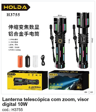 Lanterna telescópica com zoom, visor digital 10W R$ 55,8 PC/CX:60