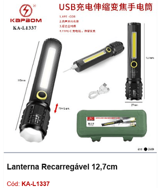 Lanterna Recarregável 12,7cm R$ 10,8 PCS/Cx: 240