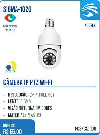 CÂMERA IP PTZ WI-FI UNID. CX: R$ 55.00 PCS/CX: 100