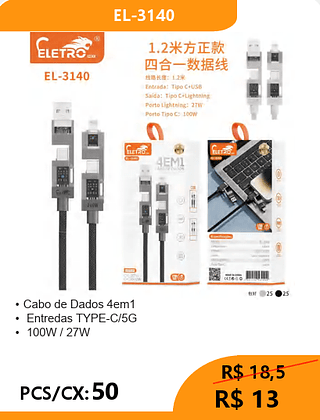 Cabo de Dados 4em1 PCS/CX:50 R$13