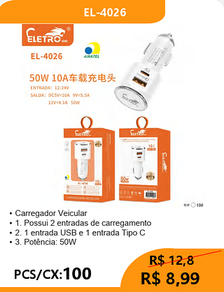 CARREGADOR VEICULAR PCS/CX:100 R$8,99