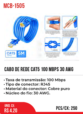 CABO DE REDE CAT5 100 MBPS 30 AWG 250pç=4,2$