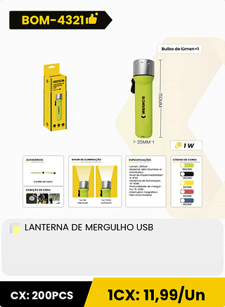 LANTERNA DE MERGULHO USB CX: 200PCS 1CX: 11,99/Un