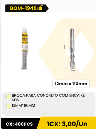 BROCA PARA CONCRETO COM ENCAIXE SDS 12MM*110MM CX: 400PCS 1CX: 3,00/Un