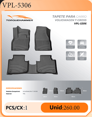 TAPETE PARA CARRO VOLKSWAGEN T-CROSS PCS/CX:1 Unid:260.00