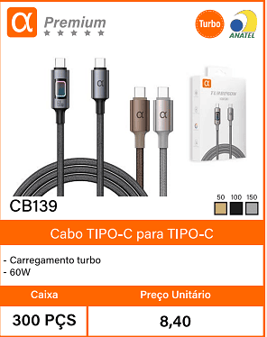 Cabo TIPO-C paraTIPO-C - Caixa 300 PCS Preco Unitario 8,40