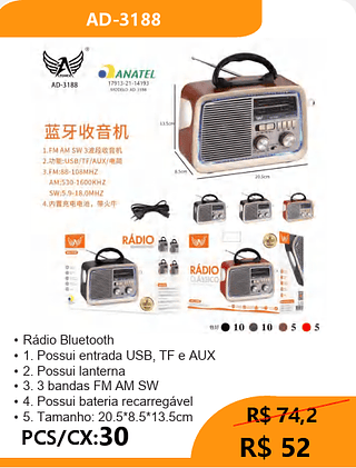 Rádio Bluetooth PCS/CX:30 R$52