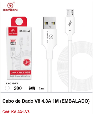 Cabo de Dado V8 4.8A 1M R$ 1,8 PCS/CX:500