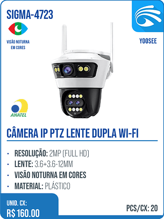 CÂMERA IP PTZ LENTE DUPLA WI-FI UNID. CX: R$ 160.00 PCS/CX: 20
