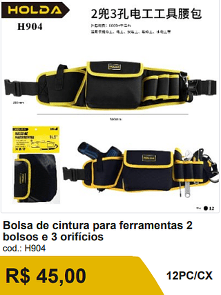 Bolsa de cintura para ferramentas 2 bolsos e 3 orifícios R$ 40.50 12PC/CX
